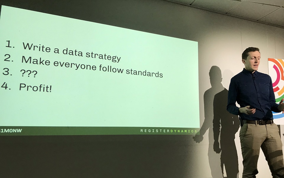 Simon presenting the four steps of data strategy
